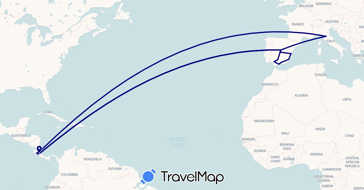 TravelMap itinerary: driving in Costa Rica, Spain, Italy (Europe, North America)